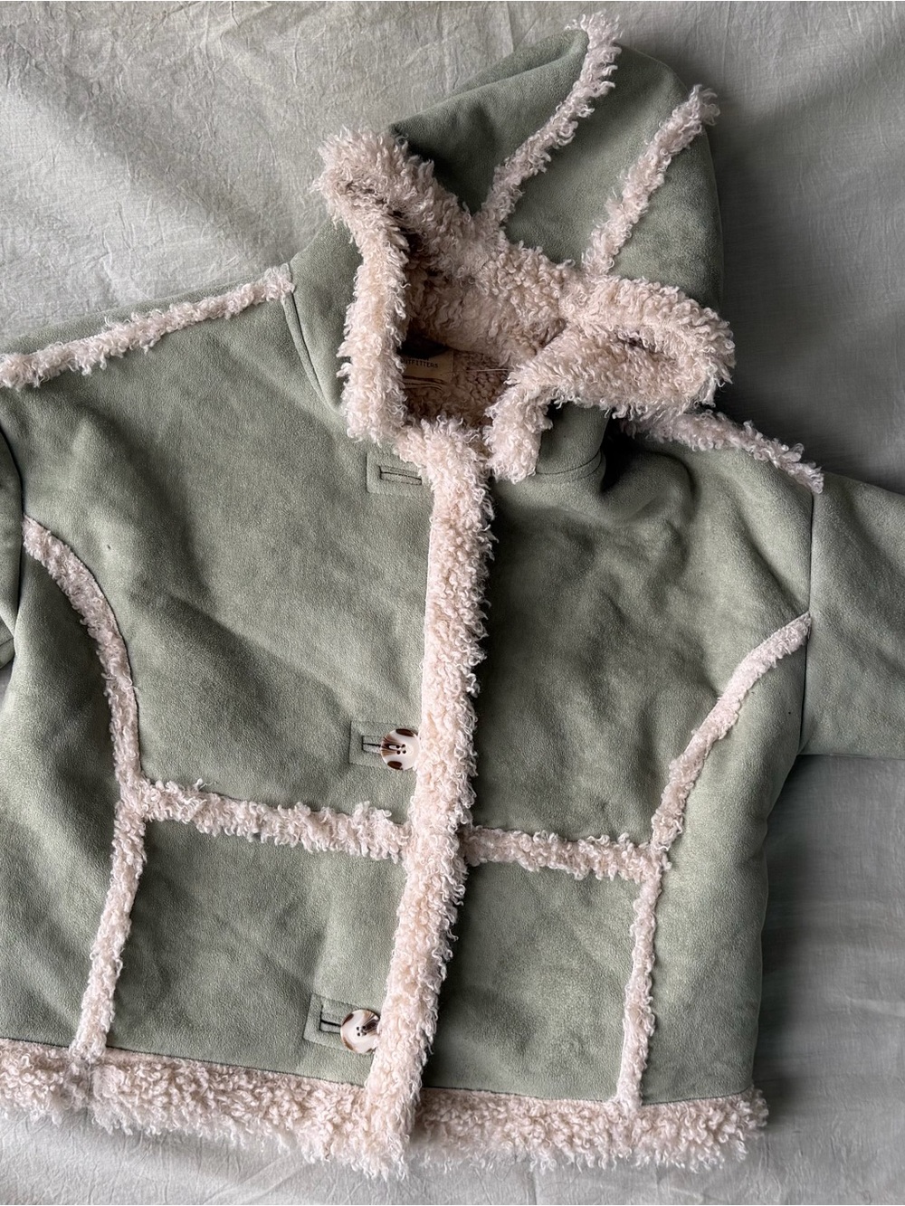 Urban Outfitters Sage Green Hooded Faux Shearling Puffer Coat